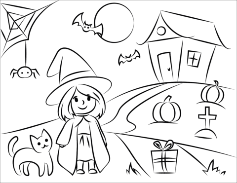 Kolorowanka online: Kolorowanka dziewczynka z kotkiem w Halloween Kolorowanka online: Kolorowanka dziewczynka z kotkiem w Halloween